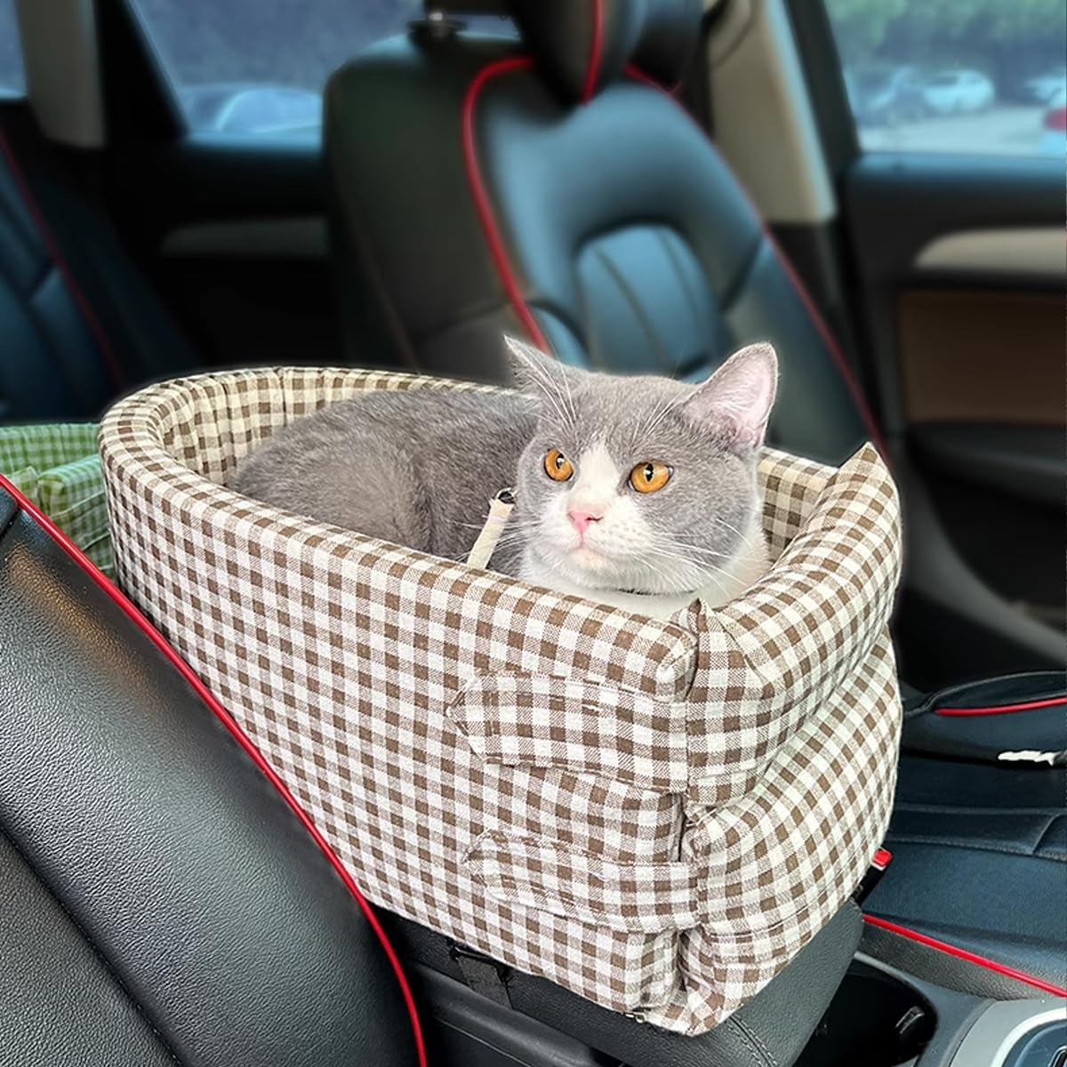 Pet Car Dog Kennel, Universal Dog & Cat Car Seat Cushion, Central Control Pet Bag for Travel, Comfortable and Secure Pet Outing Carrier (Pink, Coffee)