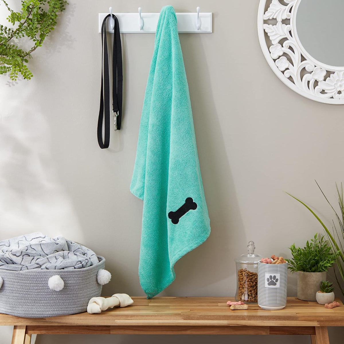 DII Microfiber Pet Bath Towel with Embroidered Paw Print, 44X27.5, Ultra-Absorbent & Machine Washable for Small, Medium, Large Dogs and Cats-Green