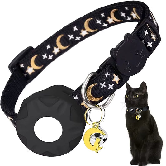 Apple Tag Pet Collar with Airtag Holder & Moon Ornament for Kitten Collar Girl Boy Cats, Small Dog Collar Kitten Accessories