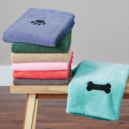 DII Microfiber Pet Bath Towel with Embroidered Paw Print, 44X27.5, Ultra-Absorbent & Machine Washable for Small, Medium, Large Dogs and Cats-Green