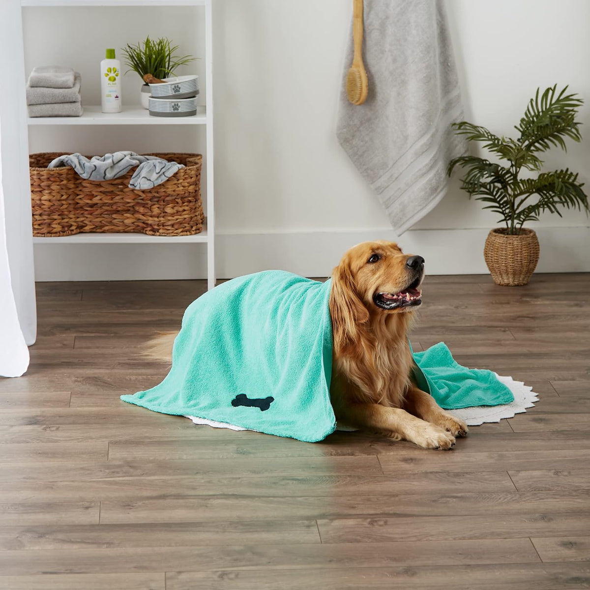 DII Microfiber Pet Bath Towel with Embroidered Paw Print, 44X27.5, Ultra-Absorbent & Machine Washable for Small, Medium, Large Dogs and Cats-Green
