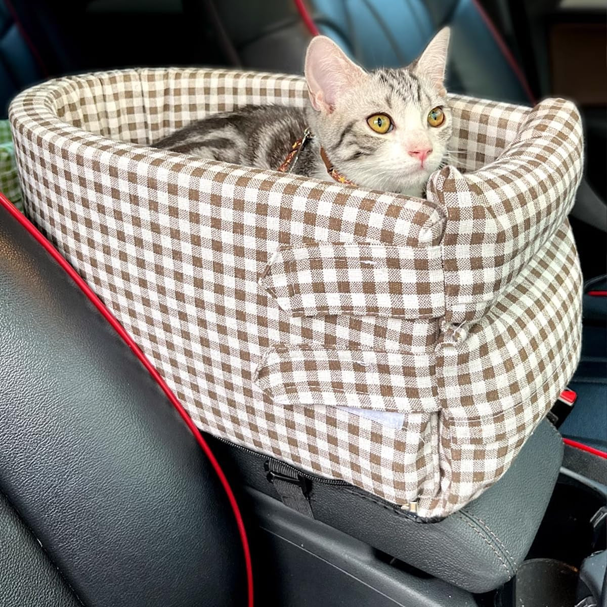 Pet Car Dog Kennel, Universal Dog & Cat Car Seat Cushion, Central Control Pet Bag for Travel, Comfortable and Secure Pet Outing Carrier (Pink, Coffee)